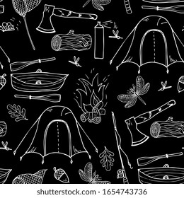 camping, hiking, fishing, forest camp seamless pattern. Hand drawing, sketch, outline. Tent, boat, ax, saw, fishing rod, bonfire, first aid kit.