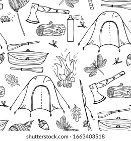 camping, hiking, fishing, forest camp seamless pattern. Hand drawing, sketch, outline. Tent, boat, ax, saw, fishing rod, bonfire, first aid kit.