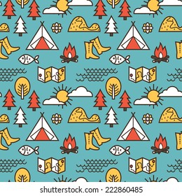 Camping, Hiking And Fishing Seamless Pattern.