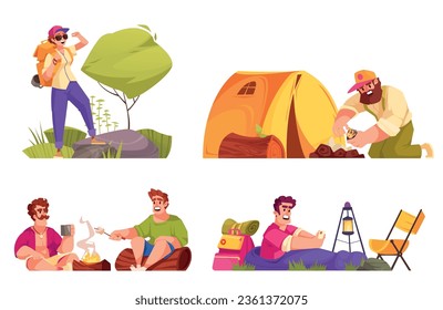 Camping hiking flat set of people campers roasting marshmallow making campfire relaxing isolated vector illustration