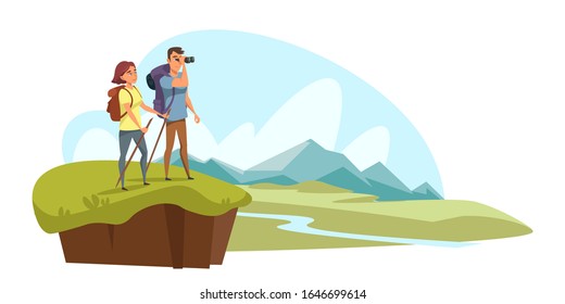 Camping, hiking flat vector illustration. River and mountains landscape. Couple in love cartoon characters standing on hill top. People admiring scenery. Family active rest, summertime leisure concept