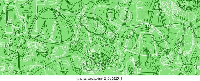 Camping. Hiking hand drawn doodles pattern. Travel accessories and equipment, tourism and camping set. Recreation and hobby. Vector seamless background