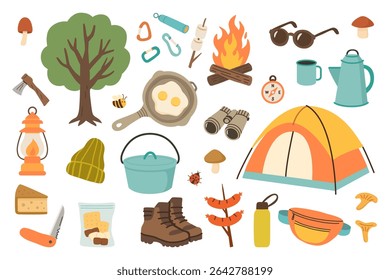 Camping and hiking hand drawn set. Includes tent, boots, campfire, cooking equipment, food, compass, lantern, tree, and outdoor accessories. Perfect for travel, stickers, and adventure projects