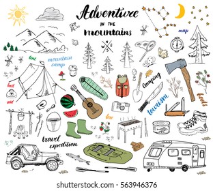 Camping, Hiking Hand Drawn sketch doodle set vector illustration with mountains, tent, raft, grill and campfire, axe and knife, pine trees tourist food, trekking shoes and rubber boots. isolated.