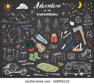 Camping, Hiking Hand Drawn sketch doodle set vector illustration with mountains, tent, raft, grill and campfire, axe and knife, pine trees tourist food, trekking shoes and rubber boots. on chalkboard