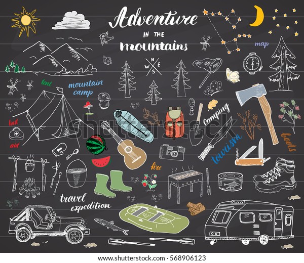 Camping, Hiking Hand Drawn sketch doodle set\
vector illustration with mountains, tent, raft, grill and campfire,\
axe and knife, pine trees tourist food, trekking shoes and rubber\
boots. on chalkboard