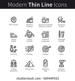 Camping & hiking, hunting, fishing and archery supplies set. Thin black line art icons. Linear style illustrations isolated on white.