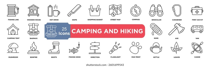 Camping and Hiking icon collection set. Containing fishing line,wooden house,hot drink,knife,shopping basket,street map,compass,binocular,Carabiner,First Aid Kit icon. Simple line vector.