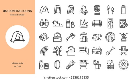 Camping and Hiking Icon Set. From Camp Tent, Axe, Stove and backpack to portable toilet canner food and Marshmallows. Outdoor Adventure and Forest or Mountain Exploration Vector Icons Collection.