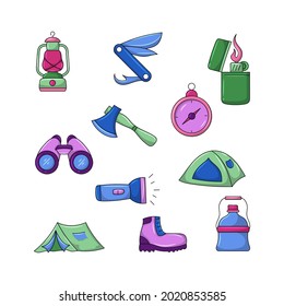 Camping and hiking icon set Colored vector illustration with simple hand drawn sketching style