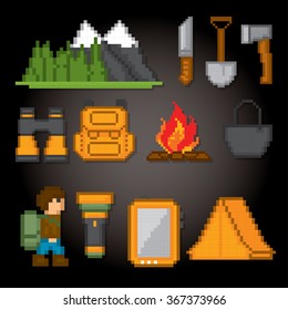 Camping and hiking icon set. Pixel art. Old school computer graphic style.