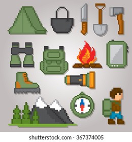 Camping and hiking icon set. Pixel art. Old school computer graphic style.