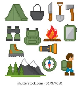 Camping and hiking icon set. Pixel art. Old school computer graphic style.