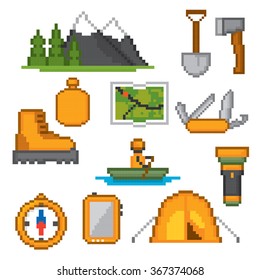 Camping and hiking icon set. Pixel art. Old school computer graphic style.