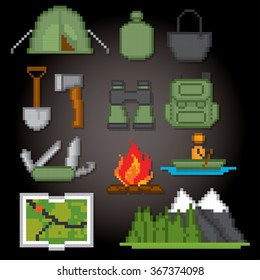 Camping and hiking icon set. Pixel art. Old school computer graphic style.