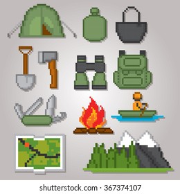 Camping and hiking icon set. Pixel art. Old school computer graphic style.