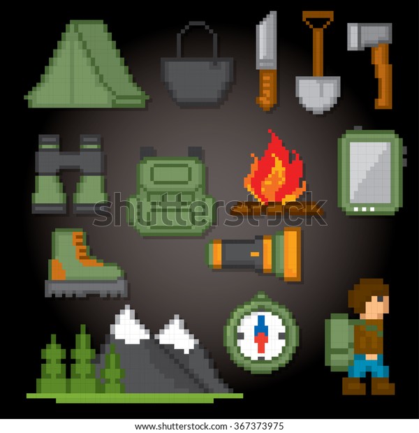 Camping and hiking icon set. Pixel art. Old school\
computer graphic\
style.