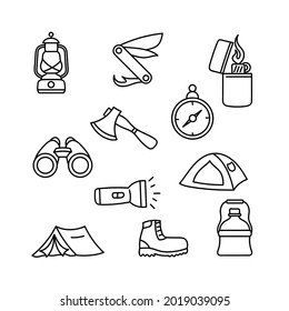 Camping and hiking icon set vector illustration with simple hand drawn sketching style