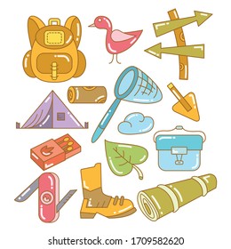 camping and hiking icons color set