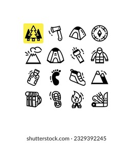 Camping and hiking icons set in black color style