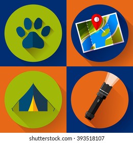 Camping Hiking icons set, flat design style vector. 