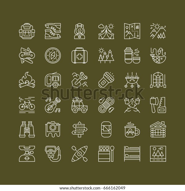 Camping and hiking icons set line style white\
color consisting of camp and travel equipment for explore emblem,\
hiking sticker, tourist symbol, expedition label, travel badge,\
climbing, poster,\
banner