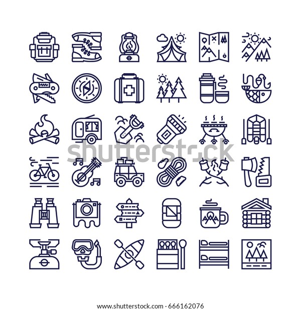 Camping and hiking icons set line style consisting of\
camp and travel equipment for tourist symbol, explore emblem,\
hiking sticker, expedition label, travel badge, climbing, poster,\
banner. 