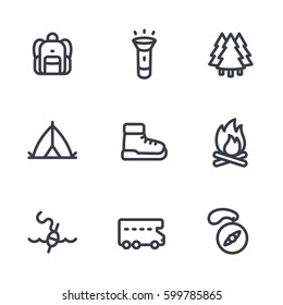 Camping, hiking icons set in linear style on white