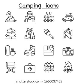 Camping & Hiking icons set in thin line style