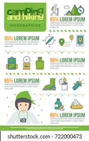 camping and hiking infographics elements icon vector design concept. hiking flat style with thin line art icons mountain, compass, hike, forest, knife, flashlight, food and drug. Editable stroke