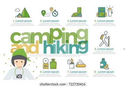 camping and hiking infographics elements icon vector design concept. hiking flat style with thin line art icons camping, compass, hike, forest, knife, flashlight, food and drug. Editable stroke