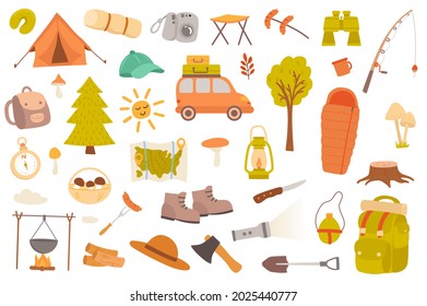 Camping and hiking isolated objects set. Collection of tent, car, forest, binoculars, fishing, map, mushroom, backpack, compass, tourism tools. Vector illustration of design elements in flat cartoon