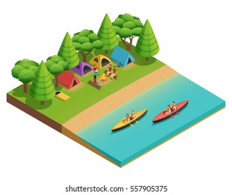 Camping hiking isometric composition with tent on the lake and tourists on boats vector illustration