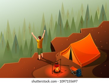 Camping hiking isometric icons composition with mountain top landscape and tent with campfire and happy man vector illustration