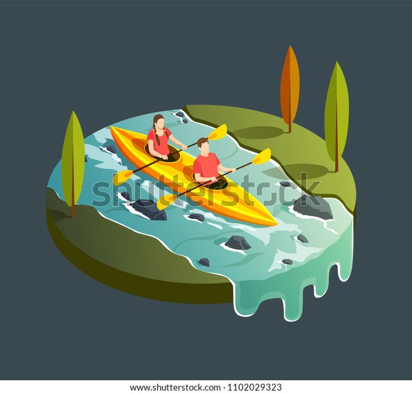 Camping hiking isometric icons composition\
with round view of mountain stream river and paddleboat with people\
vector illustration