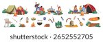 Camping, hiking items set. Summer travel and picnic stuff. Tourism and adventure accessories. Campfire, guitar, chair, backpack, knife, knot, mug, lantern. Flat vector illustration isolated on white.