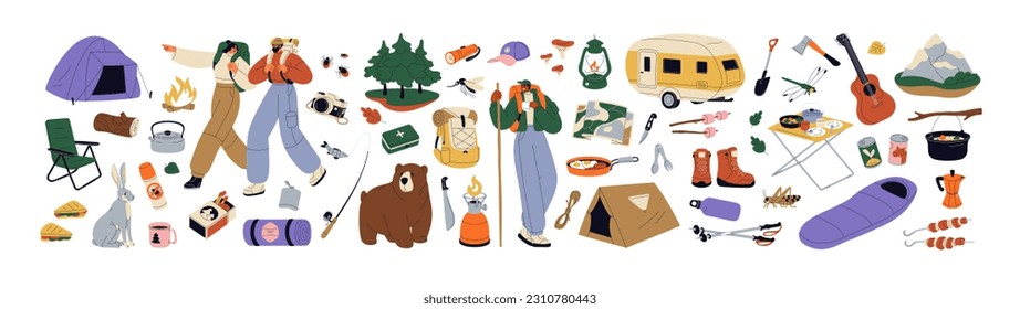 Camping, hiking items set. Summer travel and picnic stuff. Tourism and adventure accessories. Camera, holiday backpack, campfire, trailer. Flat graphic vector illustration isolated on white background