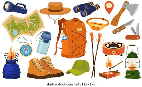 Camping, hiking items set. Tourism and adventure accessories. Summer travel and picnic stuff. Holiday backpack, campfire, hiking shoes, lanterns, burners, axe, map, knives. Vector illustration