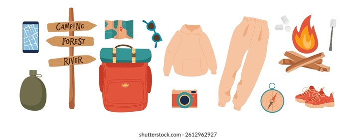 Camping and hiking kit set, hand-drawn elements. Summer vacation Travel Equipment, clothing, backpack, navigation instruments, fire, road pointer Flat vector illustration for nikes, tourism, vacation.