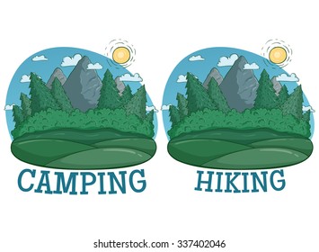 Camping And Hiking Landscapes with Mountains, Pine Trees, Hills, Clouds and Sun