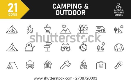Camping and hiking line icon set. Set of 21 outline icons related to tent, camping, hiking, adventure, nature, vacation, campfire and others. Editable stroke. Vector illustration.