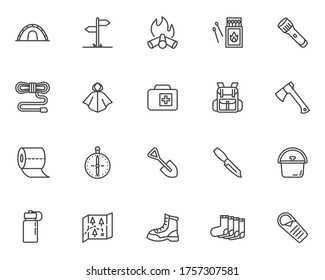 Iconos de la línea de camping y senderismo. colección de símbolos de estilo lineal, paquete de signos de contorno. gráficos vectoriales. El juego incluye iconos como tienda de campaña, bota de escalada, mochila, impermeable, fogata, linterna, partidos