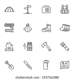 Camping And Hiking Line Icons Set, Hiking Equipment Outline Vector Symbol Collection, Linear Style Pictogram Pack. Signs, Logo Illustration. Set Includes Icons As Camping Tent, Rain Coat, Backpack