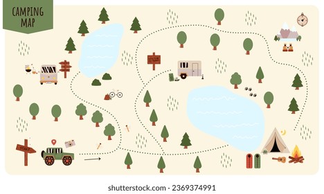 Creador de mapas de camping y senderismo. Conjunto de dibujos animados planos para la construcción de la actividad de los campamentos de verano. Vector natural clipart con montañas, lagos, árboles para el senderismo o el plan de fogata.