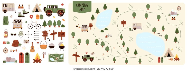 Creador de mapas de camping y senderismo. Conjunto de dibujos animados planos para la construcción de la actividad de los campamentos de verano. Vector natural clipart con montañas, lagos, árboles para el senderismo o el plan de fogata.