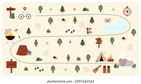 Camping and Hiking map creator. Set of flat elements for creating childrens camp activity. Nature plan with mountains, bike, trees and other icons for summer trip. Vector illustration