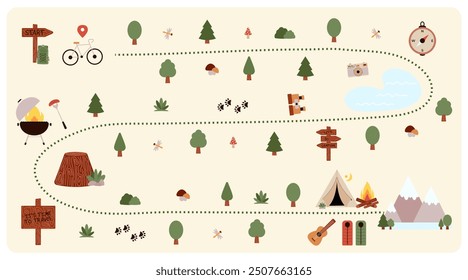 Creador de mapas de Camping y Senderismo. Conjunto de Elementos planos para crear actividades de campamento para niños. Plan de Naturaleza con montañas, lago, árboles y otros íconos para el viaje de verano. Ilustración vectorial