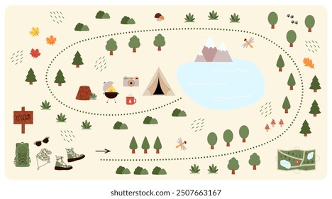 Camping and Hiking map creator. Set of flat elements for constructing kids camp activity. Nature plan with mountains, lake, trees and other icons for summer trip. Vector illustration
