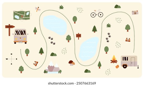 Camping and Hiking map creator. Set of flat elements for constructing childrens camp activity. Nature plan with mountains, lakes, car, trees and other icons for summer trip. Vector illustration