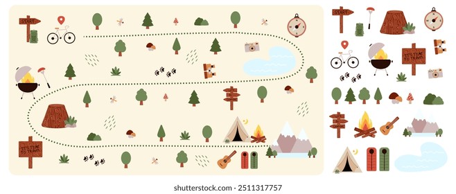 Camping and Hiking map creator and set flat elements for creating kids camp. Nature plan with mountains, bike, trees and other stickers for summer trip. Vector illustration